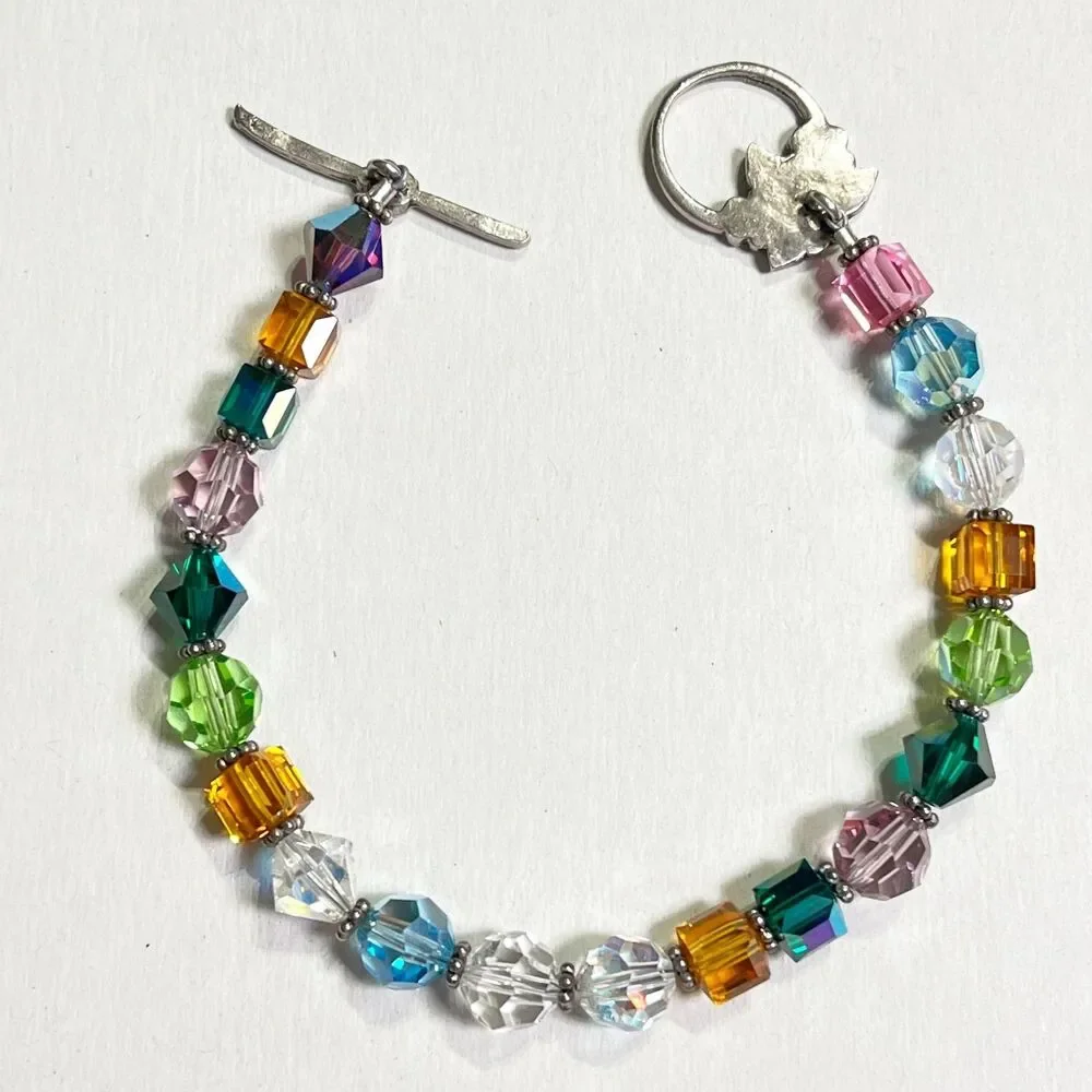 Crystal Bead Bracelet Silver Tone Floral Toggle Clasp Mixed Shapes Faceted Glass